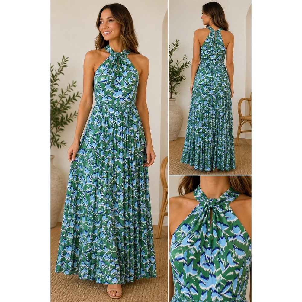 Scoop Womens Green Blue Ikat Pleated Halter Maxi Dress Size M 8-10 Sleeveless